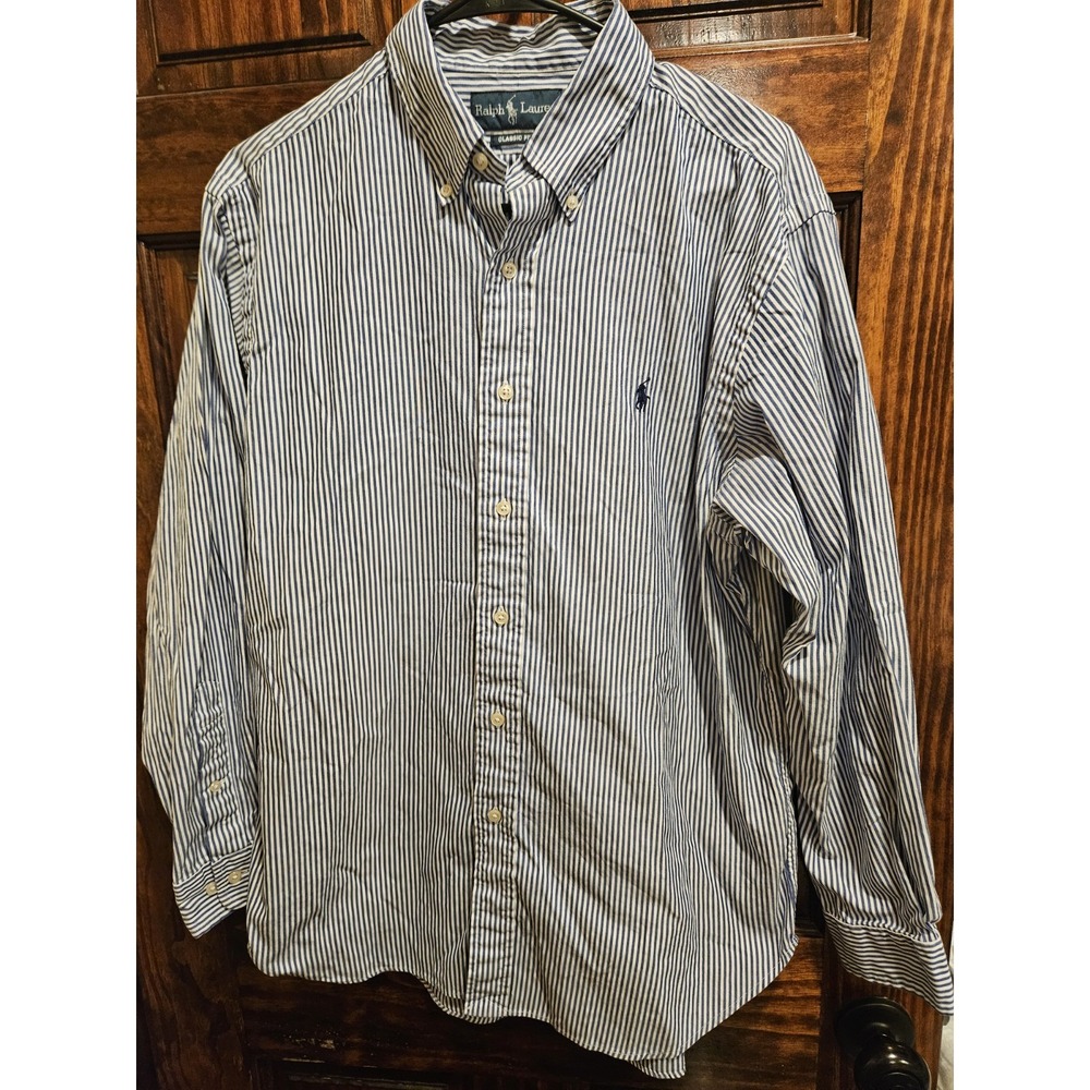 Ralph Lauren Mens 16 32/33 Dress Shirt Blue White Striped Classic Fit Button Up